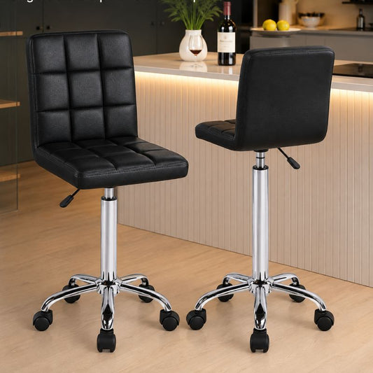 Tabouret Bar Ergonomique Pivotant en Similicuir Noir avec Roulettes