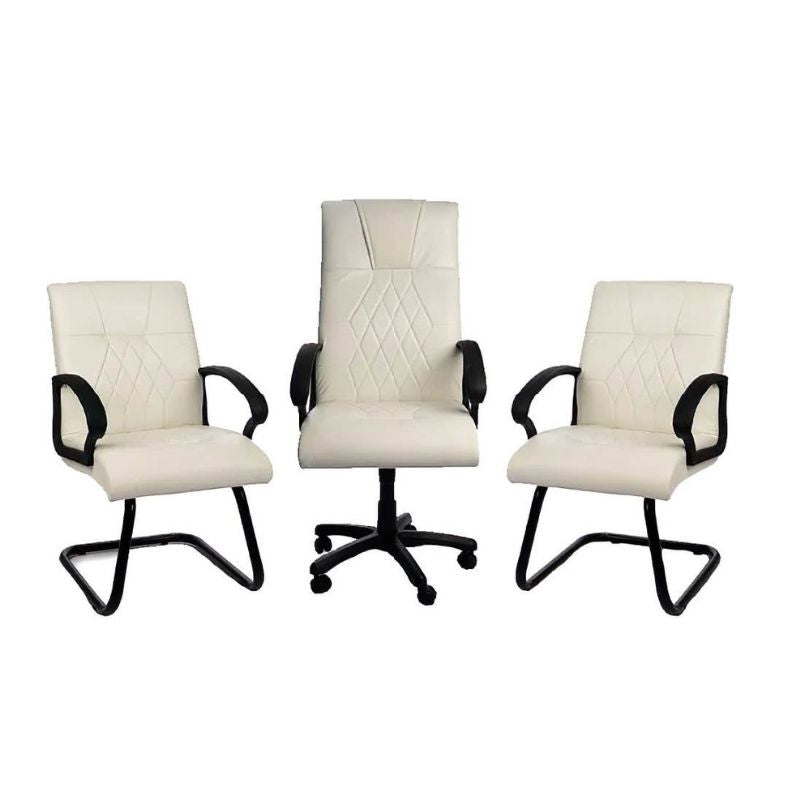 Pack de bureau blanc cassé composé d’une chaise président et deux chaises visiteurs pour espace professionnel au Maroc