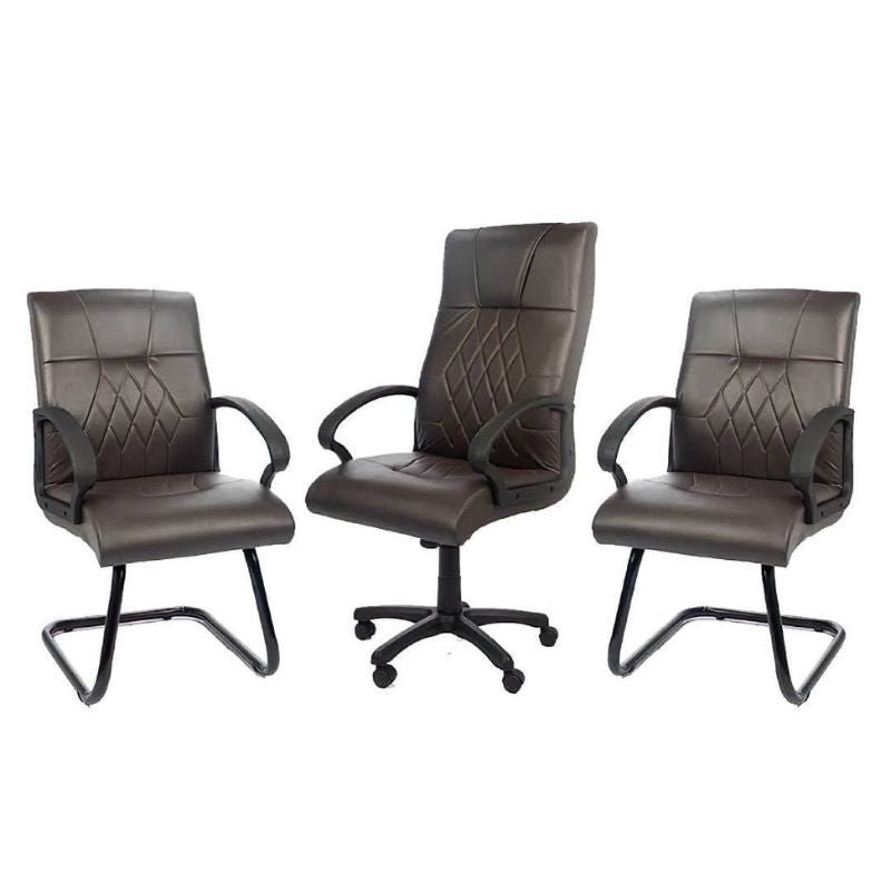 Pack mobilier de bureau avec chaise président et deux chaises visiteurs marron foncé pour entreprises au Maroc