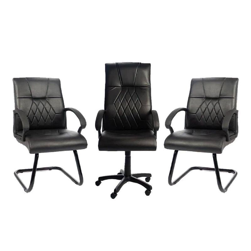 Pack bureau noir avec chaise président et deux chaises visiteurs pour bureaux modernes et entreprises au Maroc